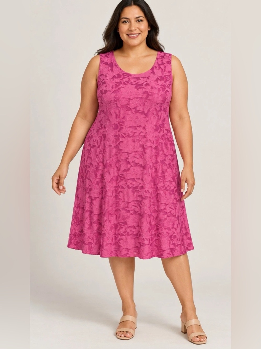 Susan Graver Burnout Floral A-Line Dress Foxy Pink L A722254